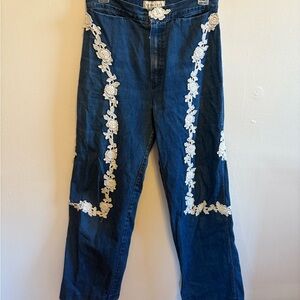 Women's Blue Jeans with White Floral Embroidery